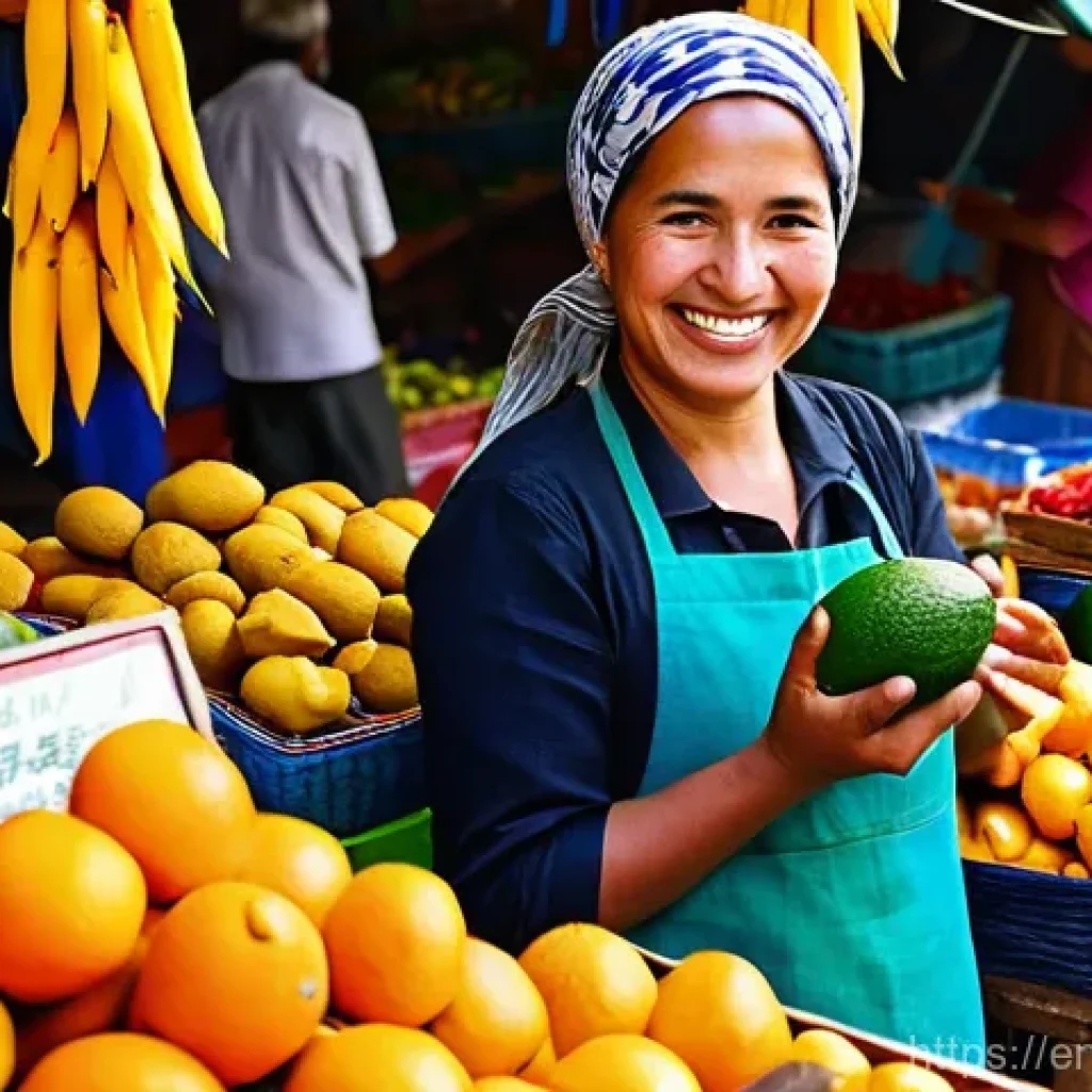 스페인어권 음식 문화 - **Vibrant Latin American Market Morning**
A bustling, open-air market in a sunny Latin American ...