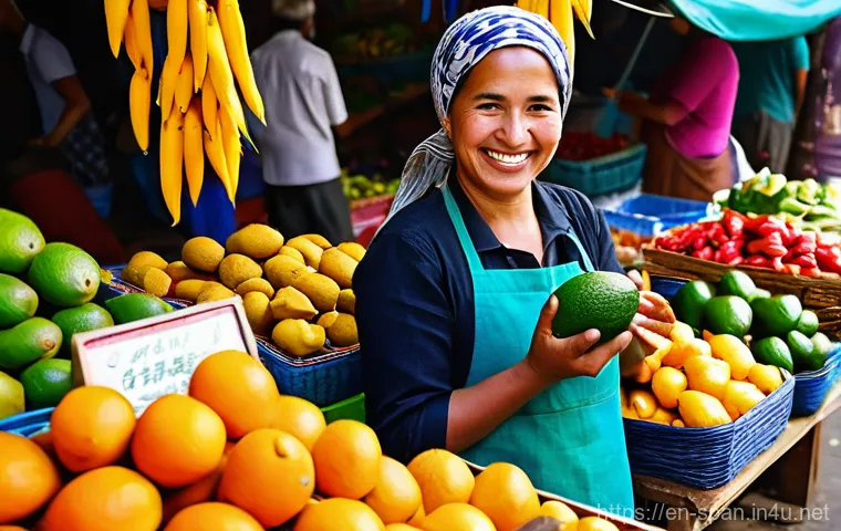 스페인어권 음식 문화 - **Vibrant Latin American Market Morning**
    A bustling, open-air market in a sunny Latin American ...