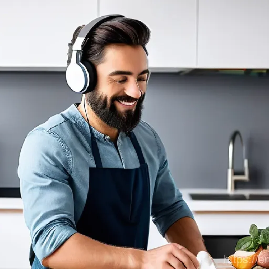스페인어 학습 루틴 만들기 - **Kitchen Scene:** The person is washing dishes, wearing headphones and actively listening to a Span...