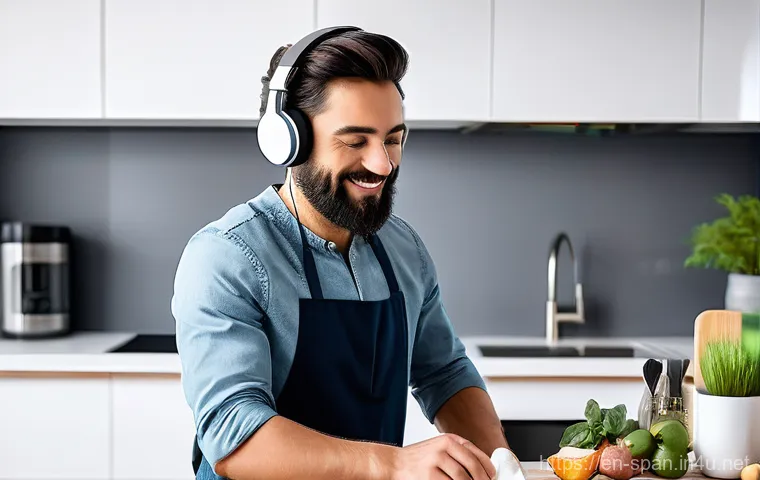 스페인어 학습 루틴 만들기 - **Kitchen Scene:** The person is washing dishes, wearing headphones and actively listening to a Span...