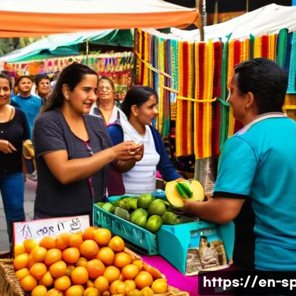 스페인어 숫자 쓰는 법 - A vibrant street market scene in Mexico City, with a diverse group of adults and children bargaining...