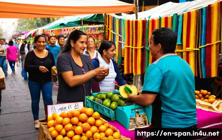스페인어 숫자 쓰는 법 - A vibrant street market scene in Mexico City, with a diverse group of adults and children bargaining...
