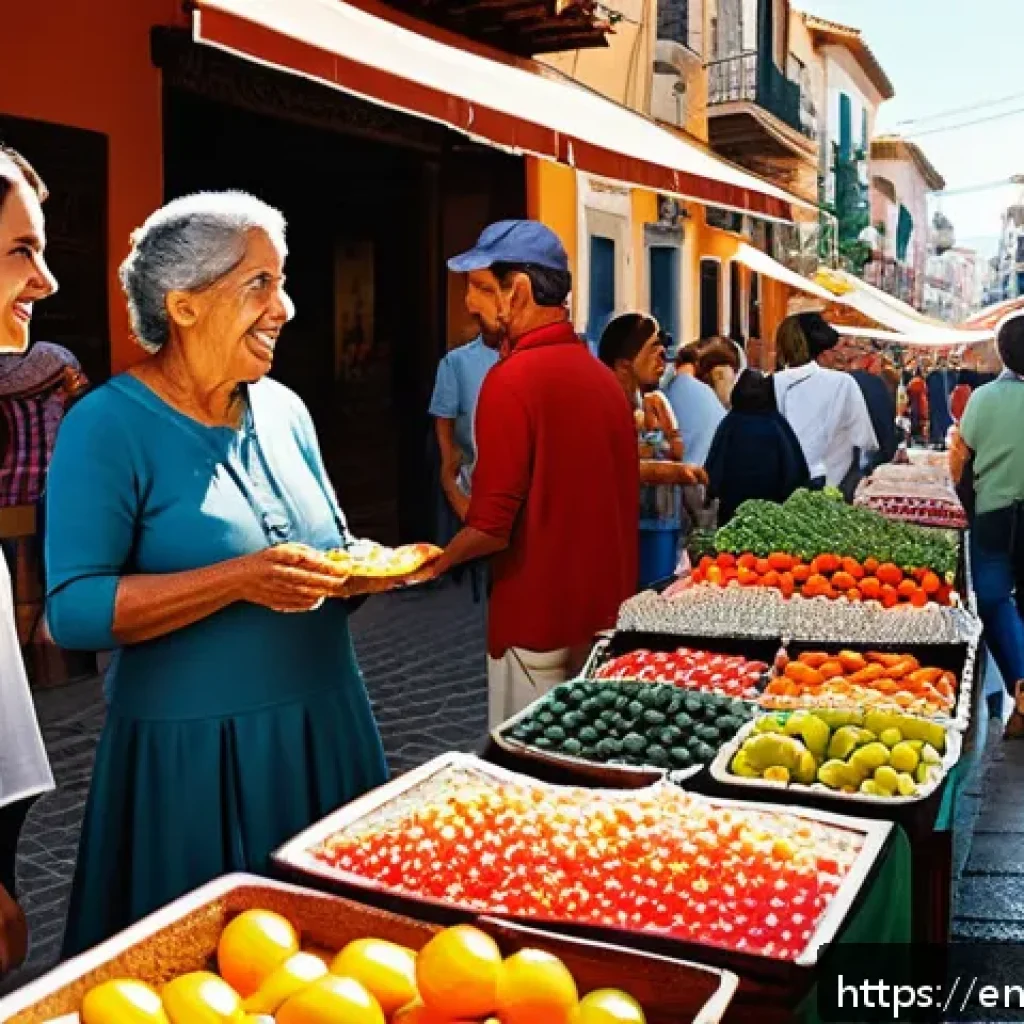 스페인어 여행 회화 기본 - A vibrant street scene in a bustling Spanish-speaking city market during daytime, featuring diverse ...