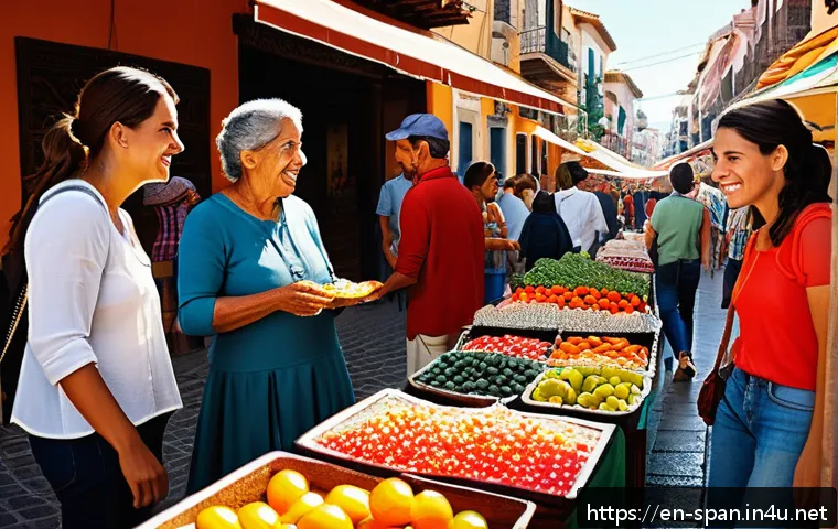 스페인어 여행 회화 기본 - A vibrant street scene in a bustling Spanish-speaking city market during daytime, featuring diverse ...