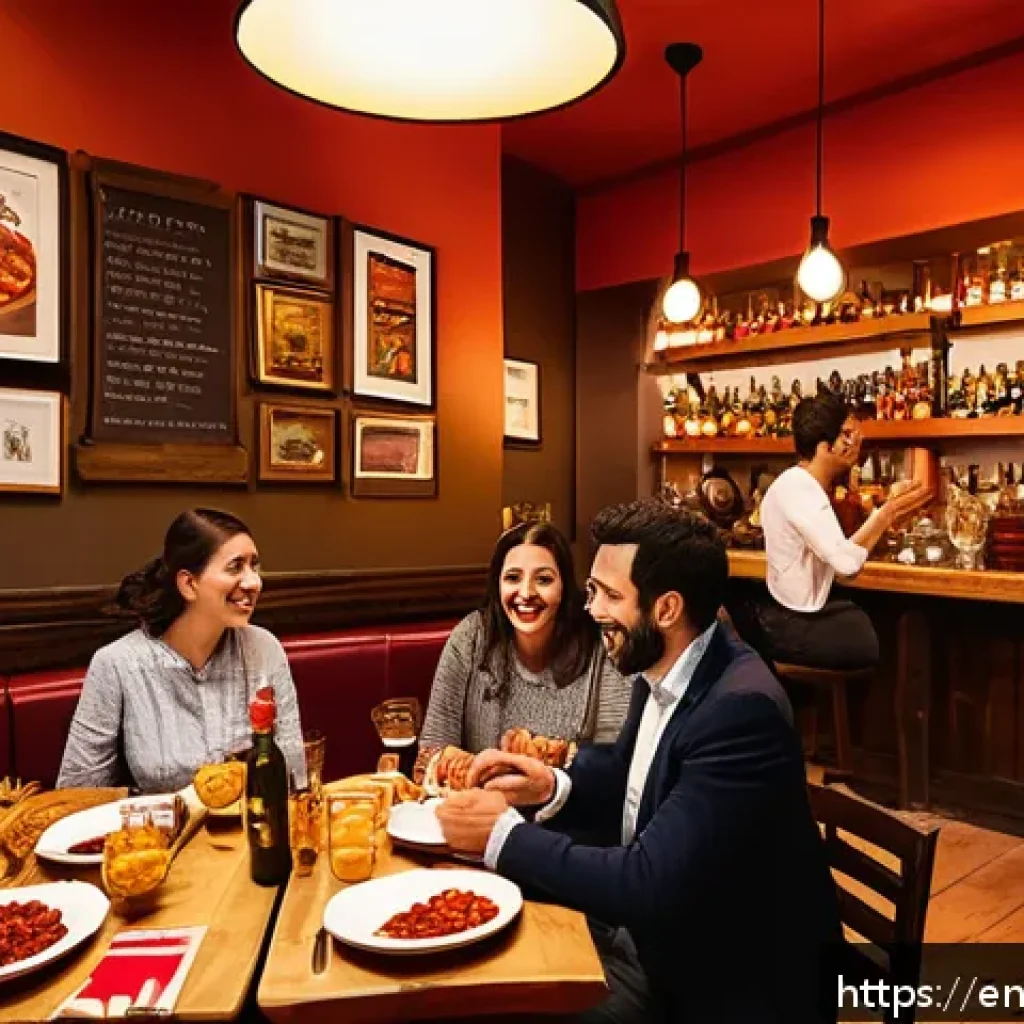 스페인어로 음식 주문하기 - A lively Spanish tapas bar interior filled with diverse patrons enjoying small plates and drinks. Th...