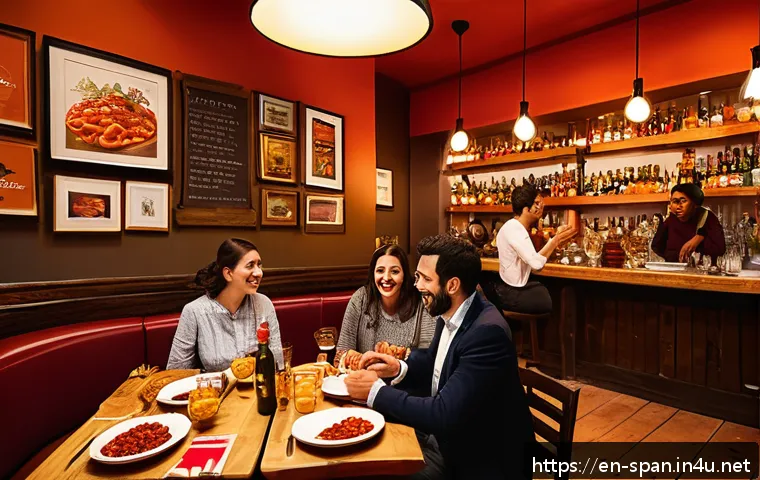스페인어로 음식 주문하기 - A lively Spanish tapas bar interior filled with diverse patrons enjoying small plates and drinks. Th...