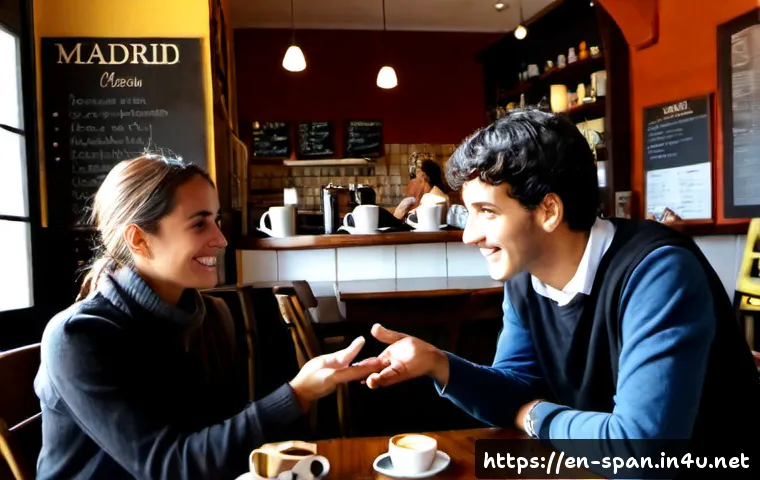 Home 30 스페인어 반말과 존댓말 사용법 - Photorealistic Spanish language lesson in a bright Madrid café, a friendly young adult student respe...