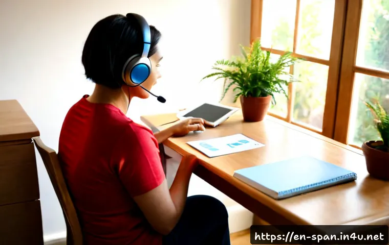 스페인어로 자기계발하기 - Photorealistic home study scene of a middle-aged English-speaking learner practicing Spanish for per...